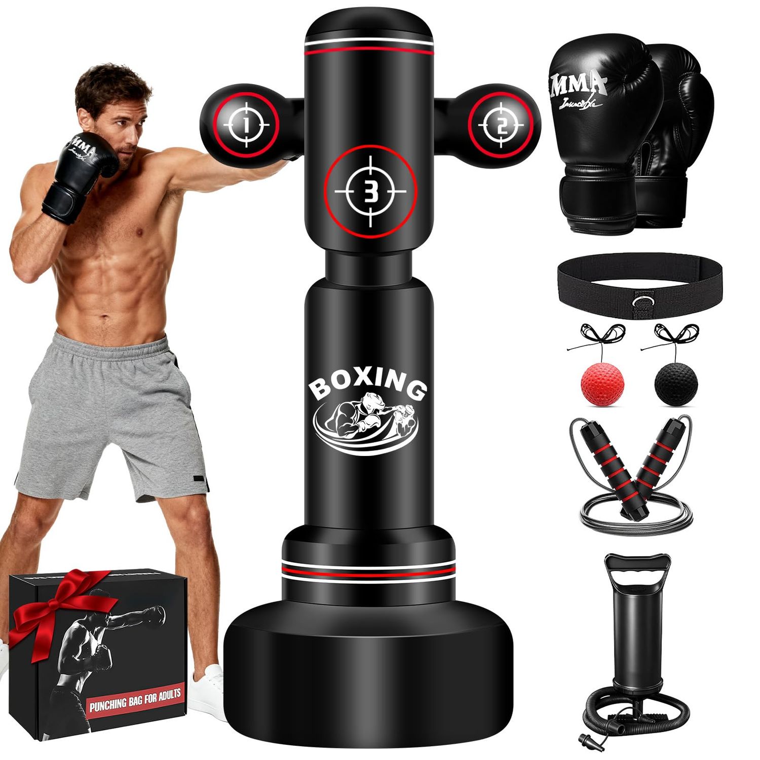 Heavy Boxing Bag with Stand for Adult Teens, 70'' Freestanding Punching Bag with Boxing Gloves, Men Women Standing Kickboxing Bag, Kickboxing Bags for Beginners Training MMA Muay Thai Fitness Home Gym