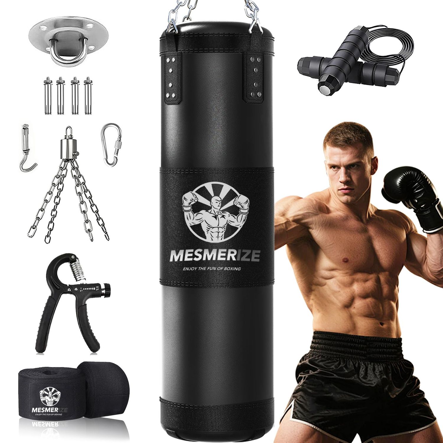 Mesmerize Punching Bag for Adults, 4ft Heavy Boxing Bag Set with 197 Inch Boxing Hand Wraps for MMA Karate Kickboxing Home Gym Martial Art - Unfilled