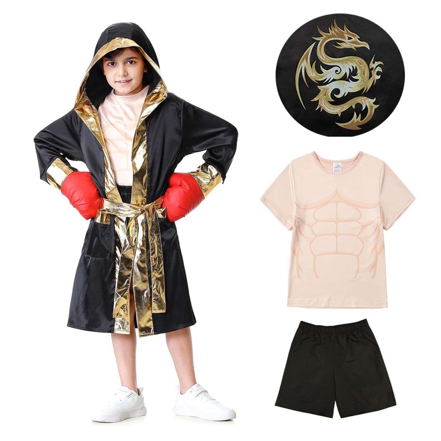 yolsun Child's Boxing Costume Hooded Robe Satin Boxer Cosplay With Shorts Set