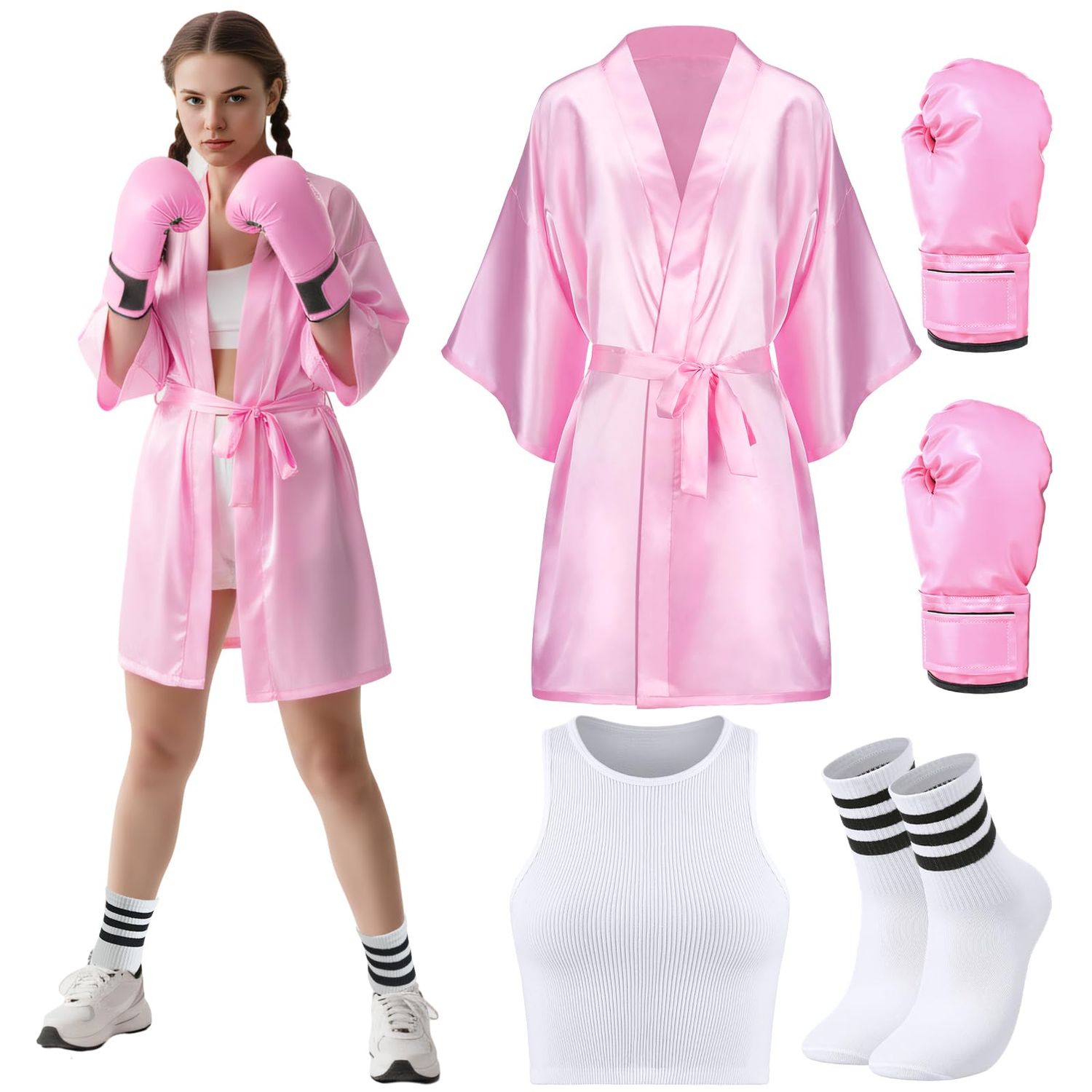 5 Pcs Halloween Boxing Costume for Women Adult Pink Boxer Costumes Set with Satin Boxing Robe Boxing Gloves Vest