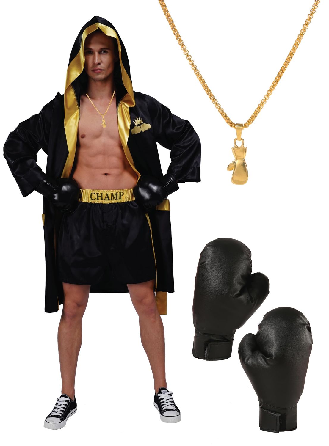 Adult Men Boxing Costume Heavyweight World Champion Boxer Includes Robe, Necklace, Boxing Gloves and Shorts