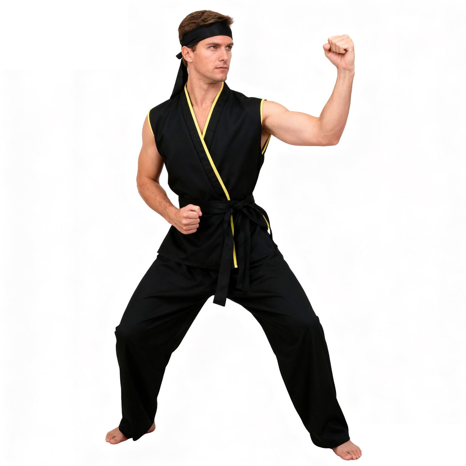 Men Karate Gi Costume Sleeveless Uniform Halloween Cosplay with Headband Full Set Outfits