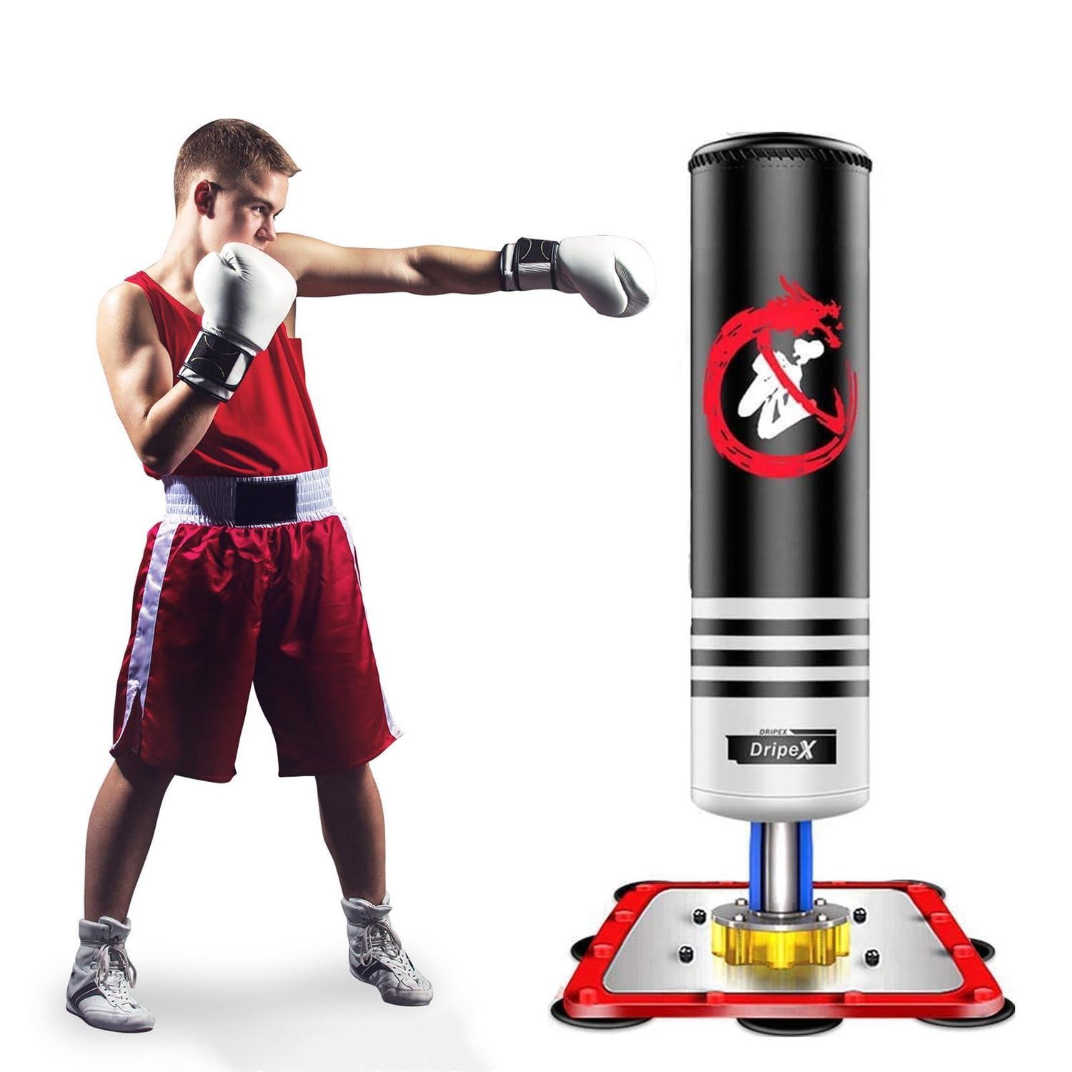 Dripex Freestanding Punching Bag - Indoor Boxing Bag Standing with 12 Suction Cups Base, 47″ Free-Standing Taekwondo Punching Bags for Teens Kids-14-Up Boxing Training/Kickboxing/Practice Karate