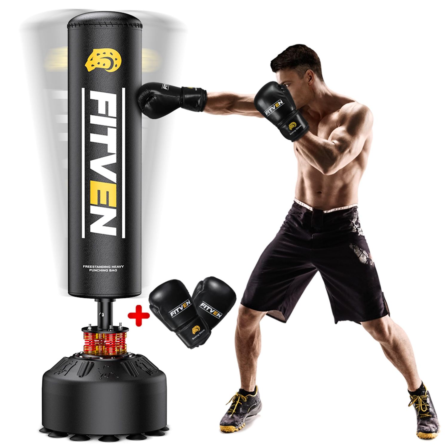 FITVEN Freestanding Punching Bag with Boxing Gloves Heavy Boxing Bag with Suction Cup Base - Men Stand Kickboxing Bag