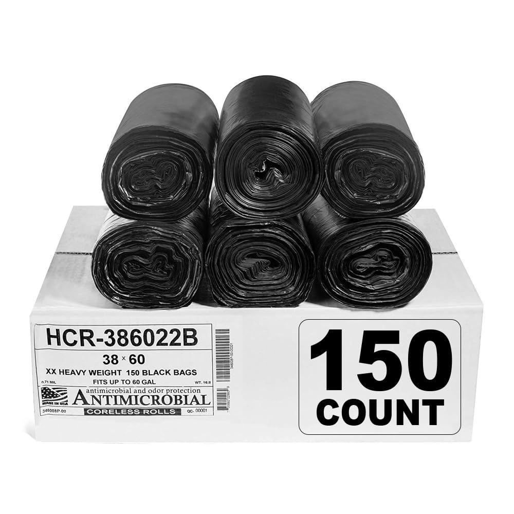 Aluf Plastics High Density Trash Bags, 60 Gallon, 150 Count, 22 Micron (eq), 38" x 60", Black, for Bathroom, Office, Industrial, Commercial, Janitorial, Municipal, Recycling