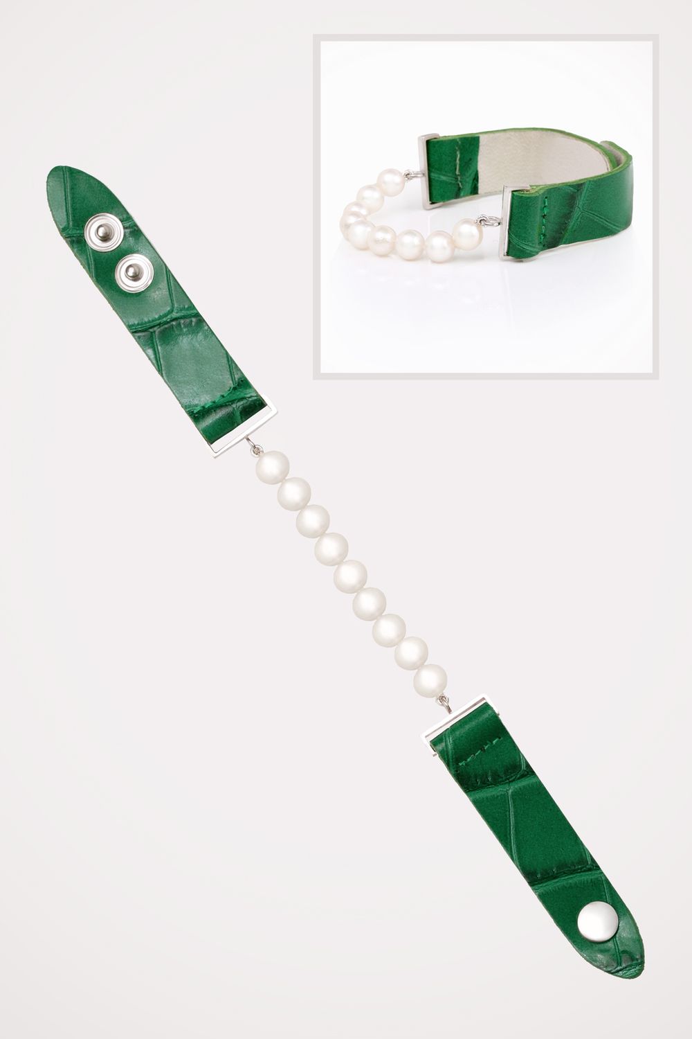 Akoya sósvízi gyöngy - zöld bőr karkötő Akoya sósvízi gyöngy - zöld bőr karkötő