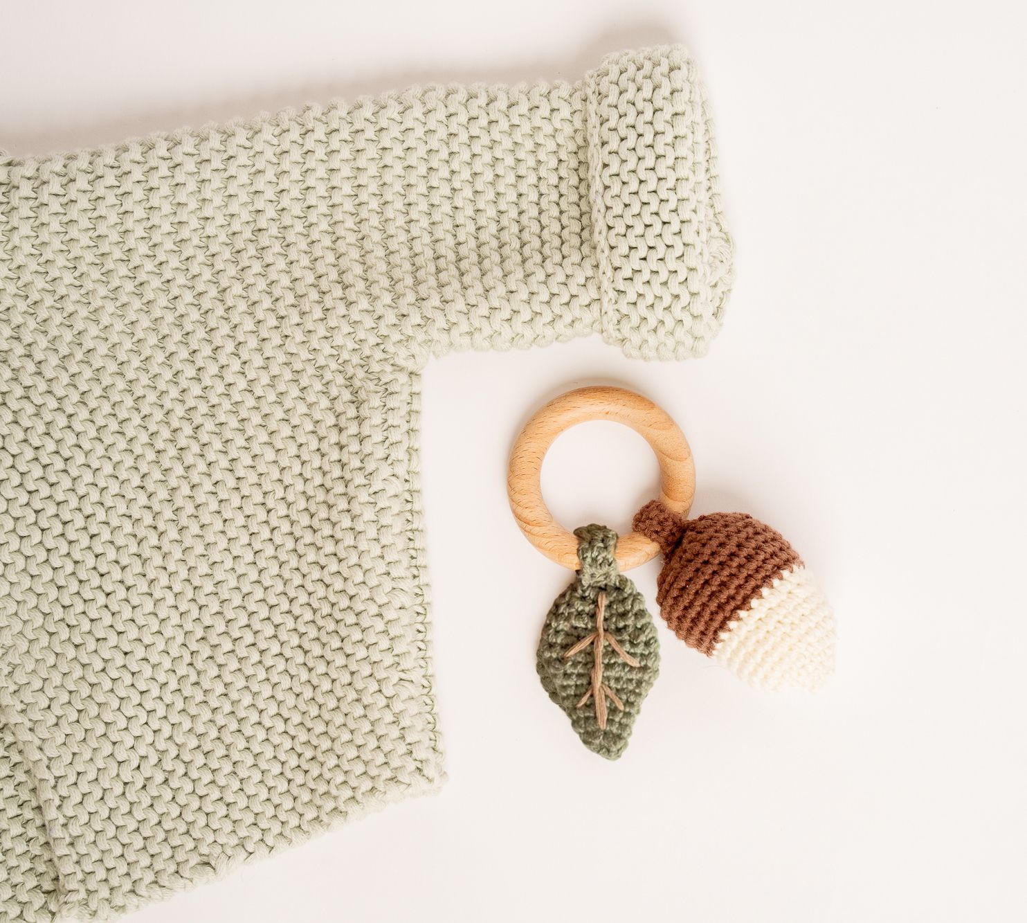 Acorn Baby Rattle - Handmade Cotton and Beech Wood Rattle Toy