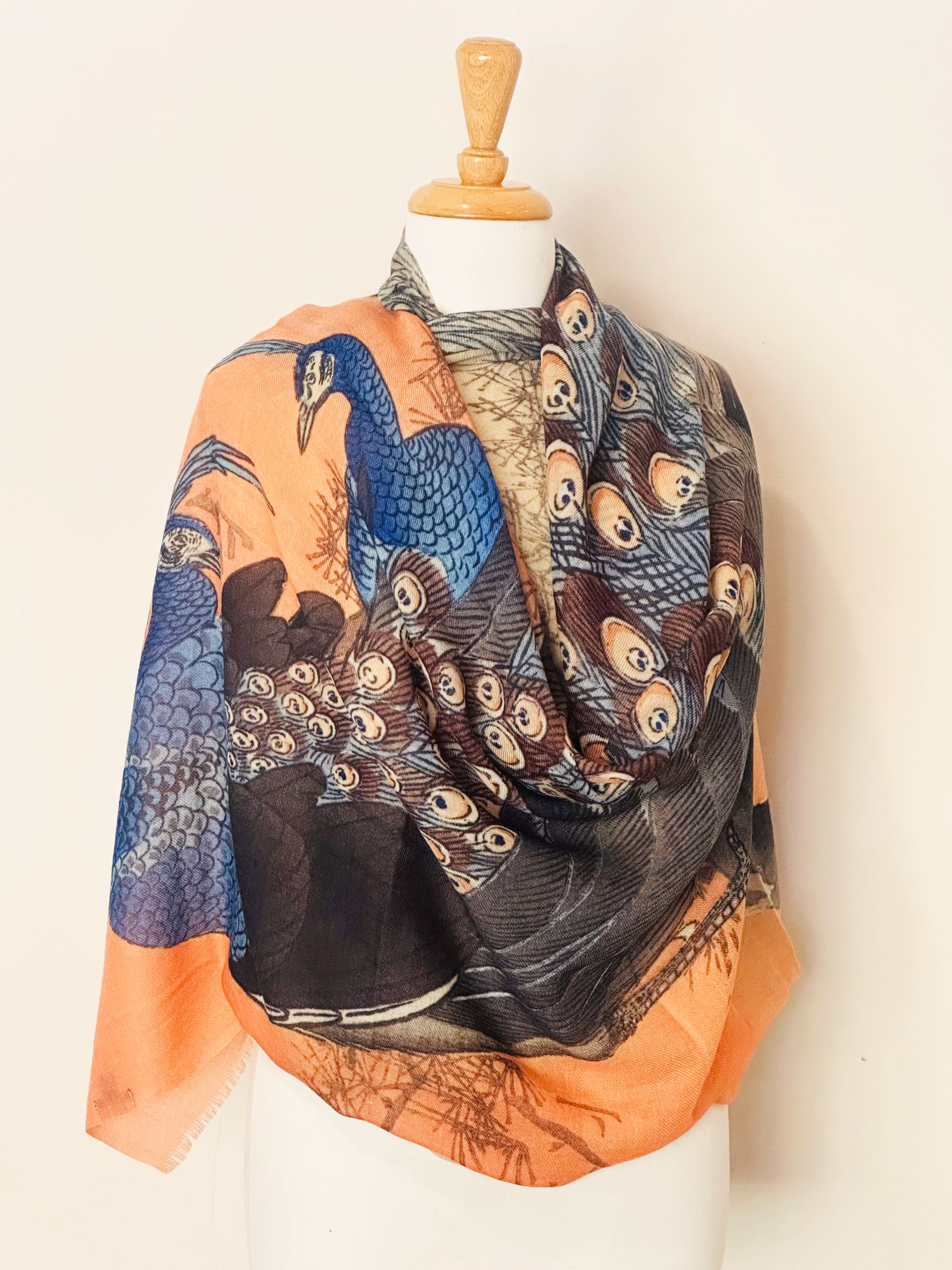 Peacock - Majestic Peacock Print Pure Wool Scarf