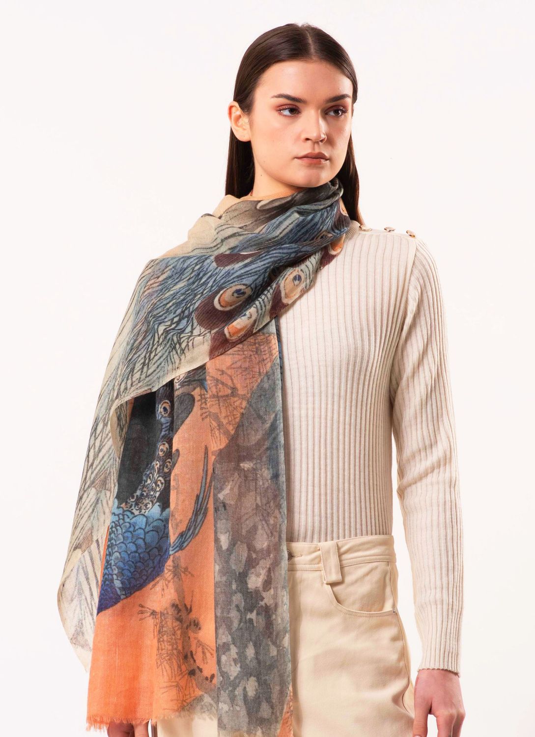 Peacock - Majestic Peacock Print Pure Wool Scarf