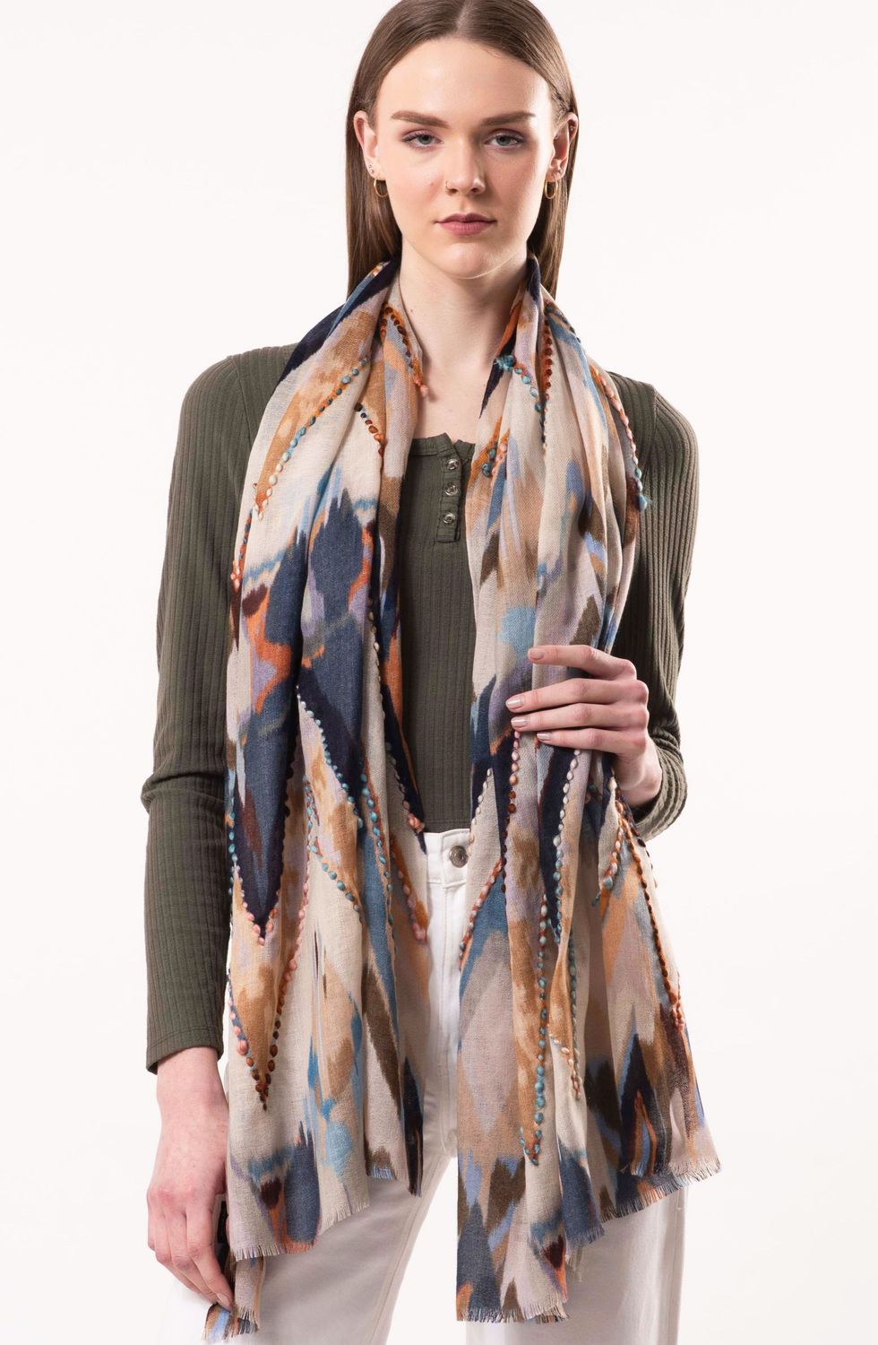 Sienna Chevron Design Embroidered Pure Wool Scarf