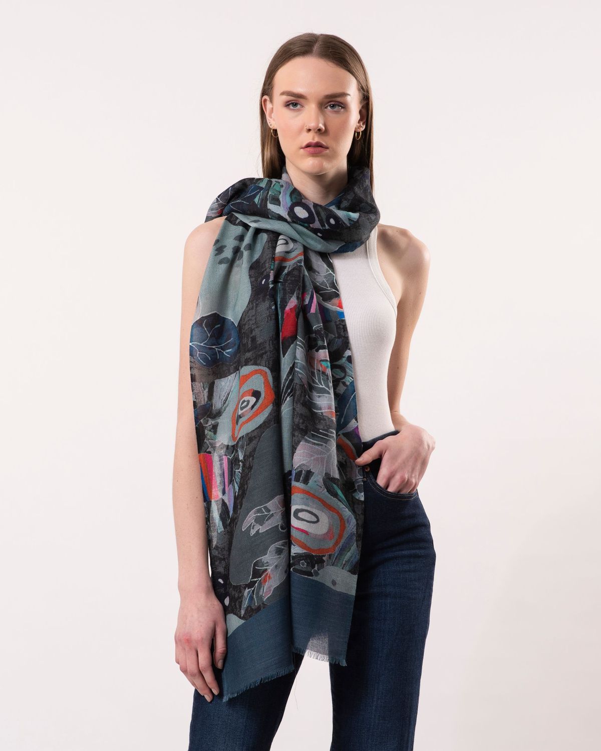 Isla Abstract Foliage Print Wool Modal Scarf