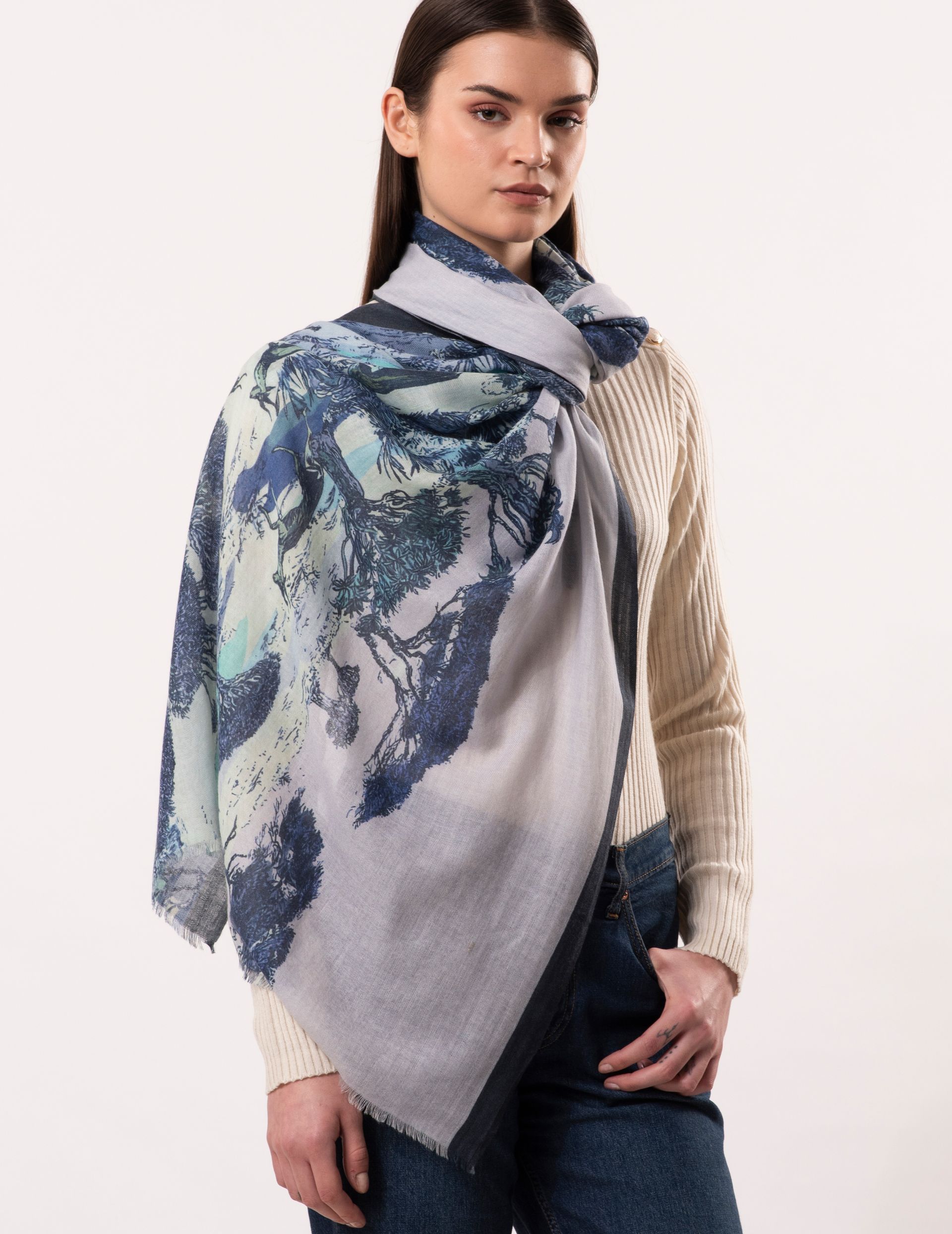 Nirvana Toile de Jouy Print Wool Silk Cashmere Blend Scarf