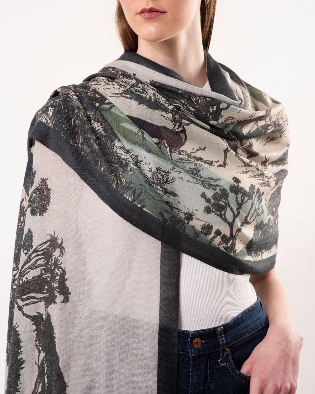 Nirvana Toile de Jouy Print Wool Silk Cashmere Blend Scarf