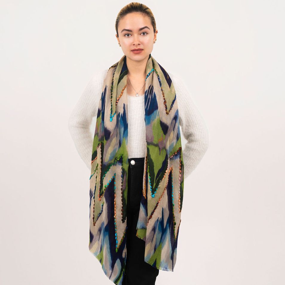 Sienna Chevron Design Embroidered Pure Wool Scarf