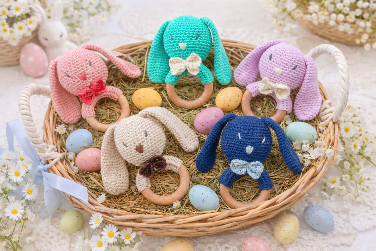 Floppy Baby Bunny Teether Rattle - Handmade Cotton and Beech Wood Teething Toy