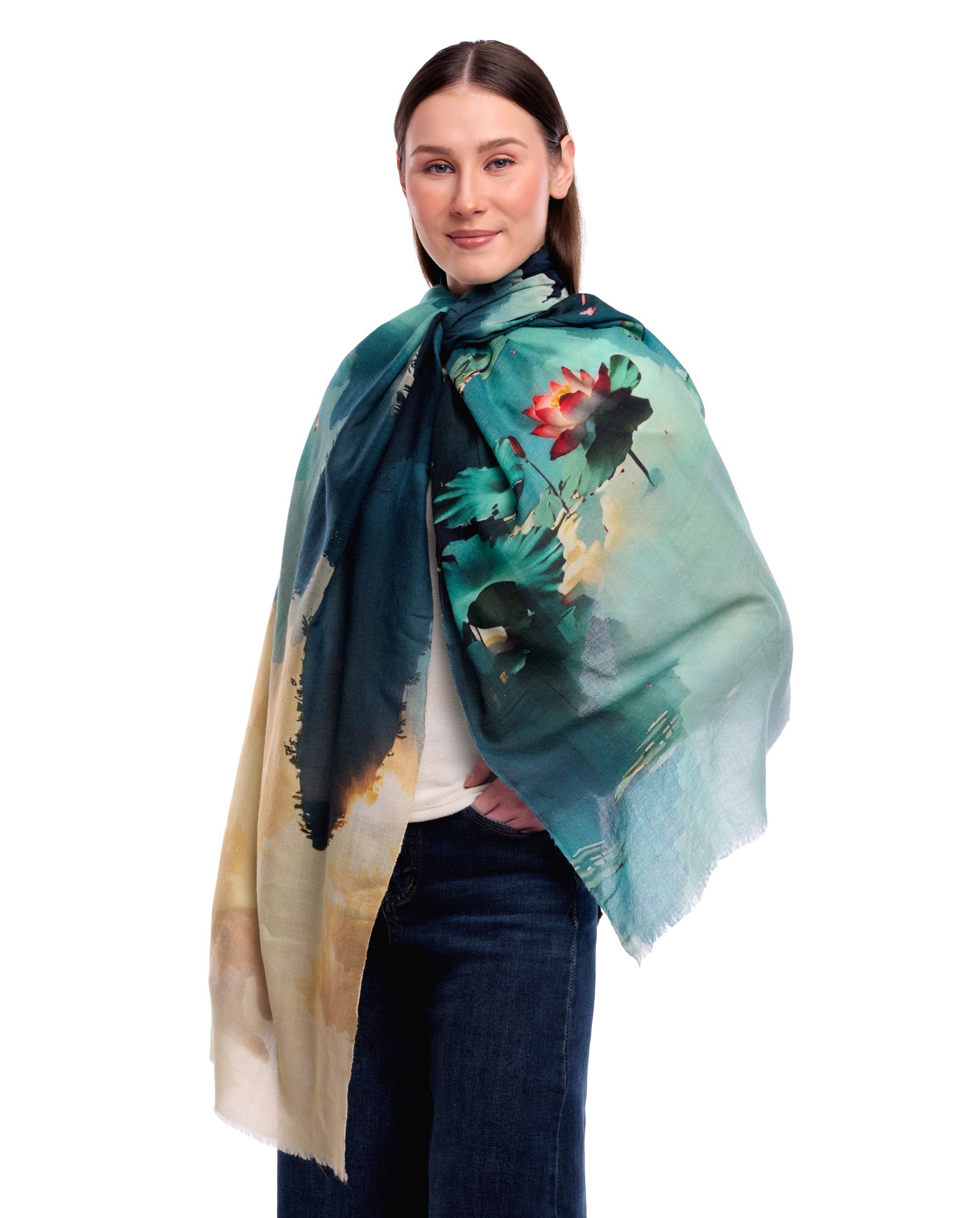 Amaya Landscape/Lotus Print Wool Modal Scarf