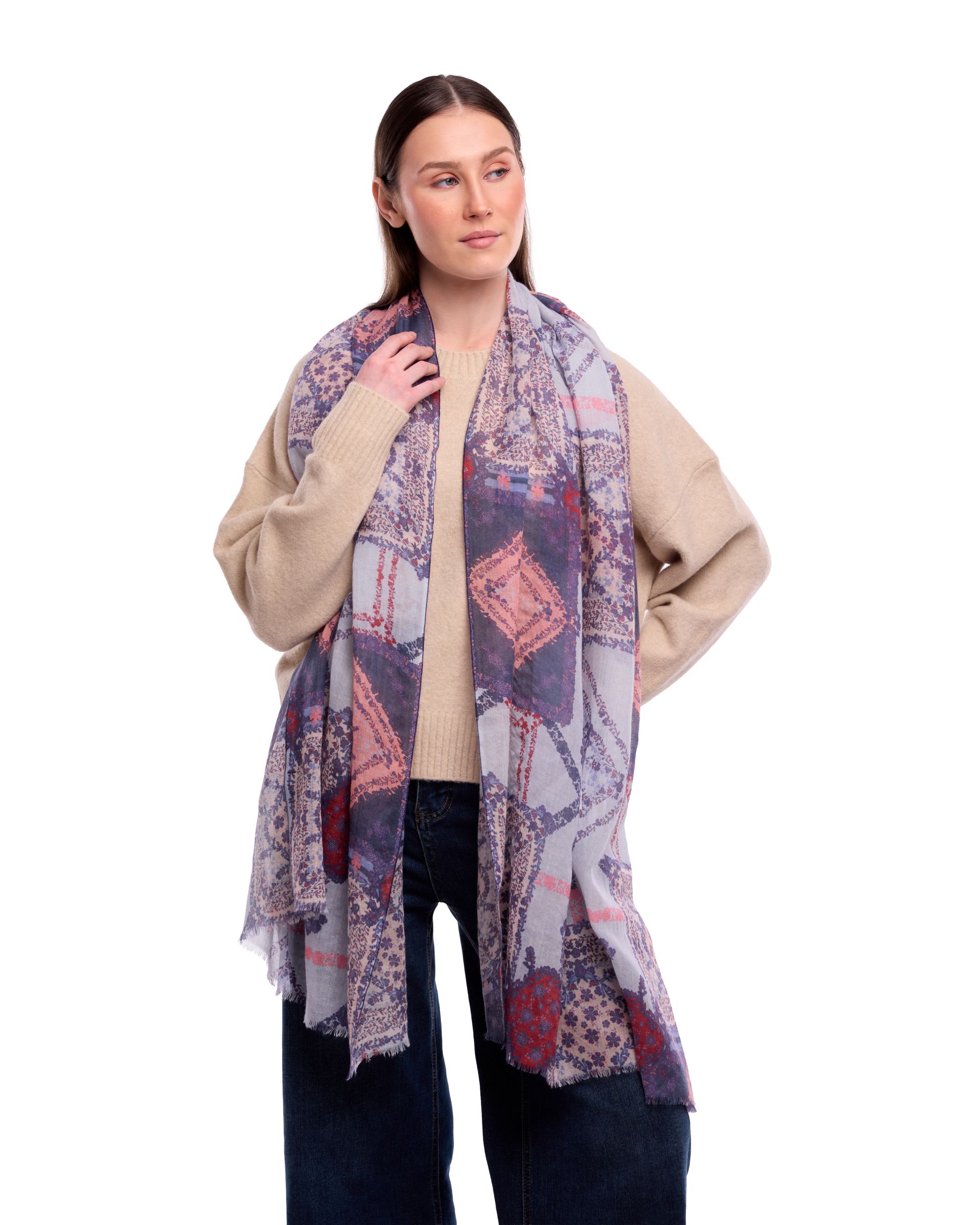 Delphine Geometric Layered Motifs Print Merino Wool Scarf