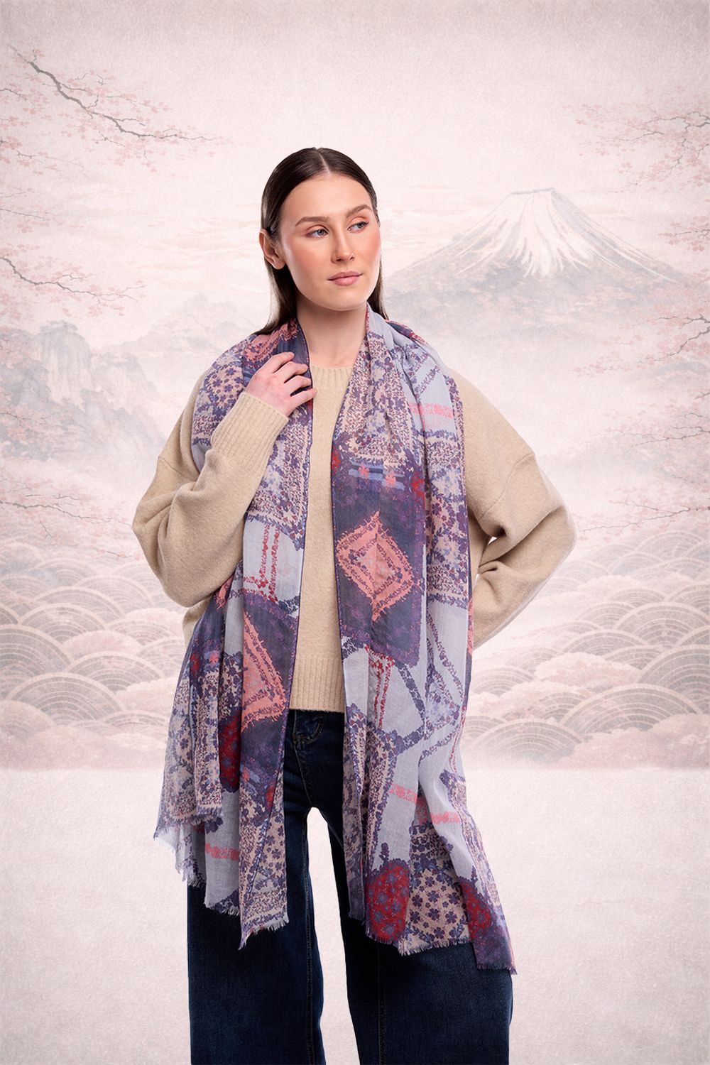 Delphine Geometric Layered Motifs Print Merino Wool Scarf