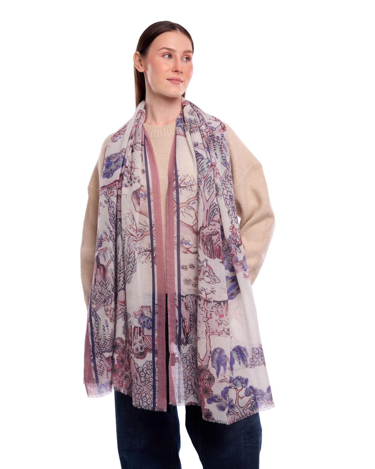Aven Toile-Style Scenic Village Print Wool Silk Cashmere Blend Scarf