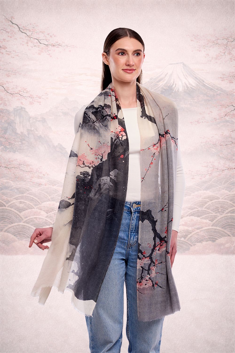 Miyu Landscape/Cherry Blossom Print Merino Wool Scarf