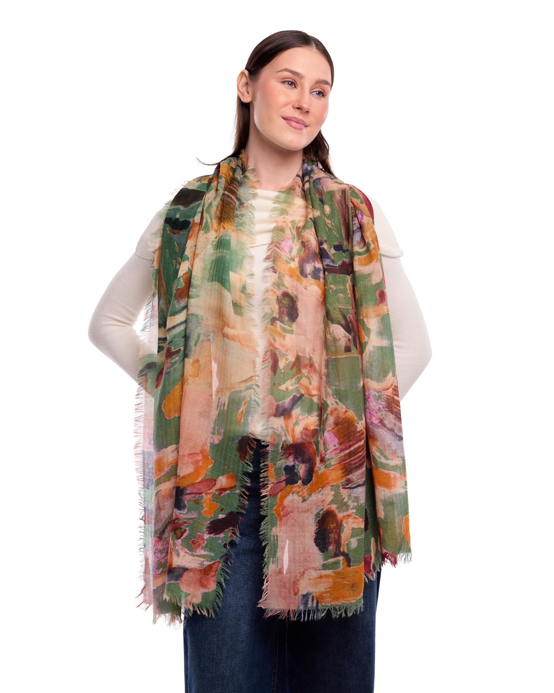 Cascade Painterly Motifs Print Merino Wool Scarf