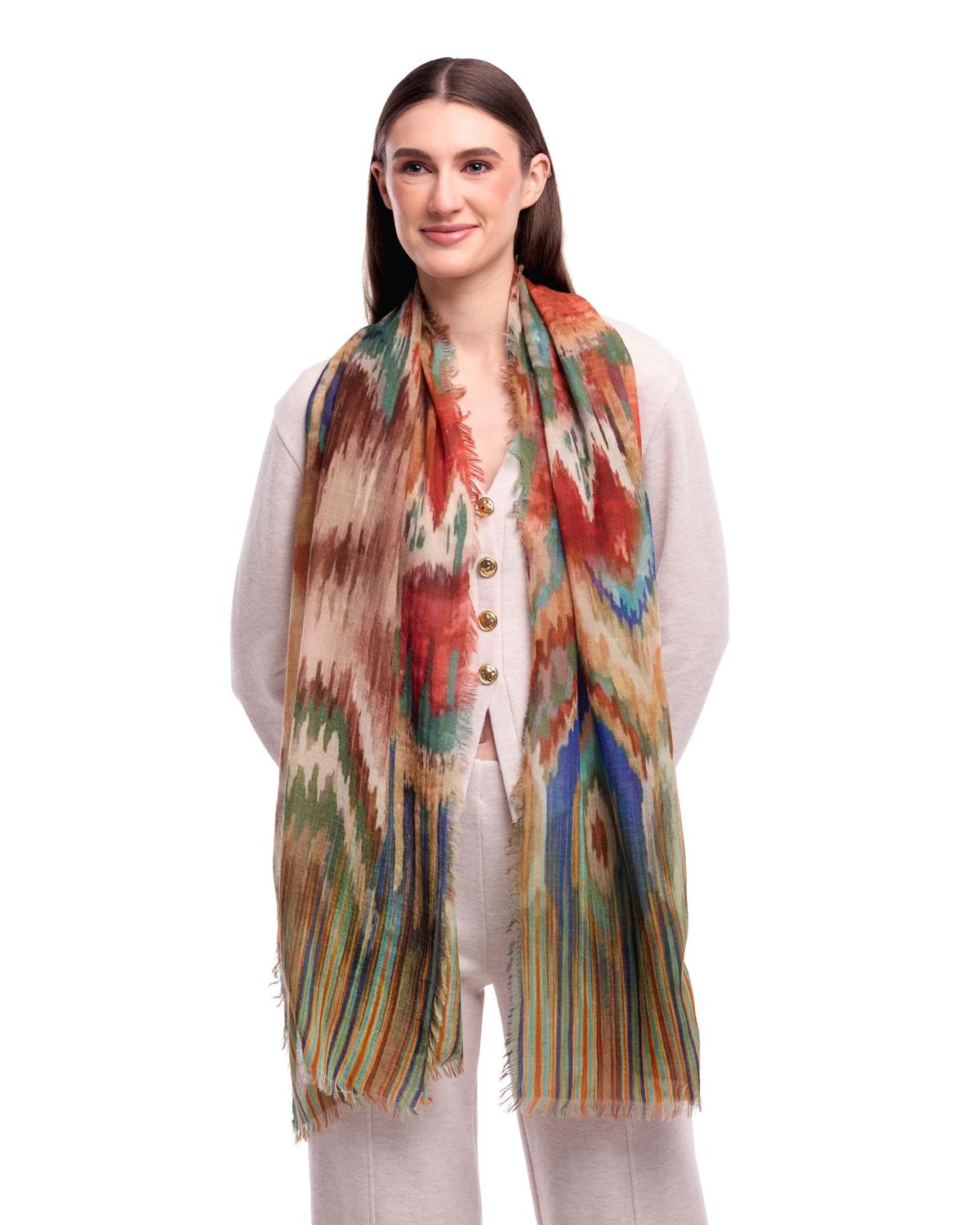 Ember Abstract Landscape & Crane Print Merino Wool Scarf