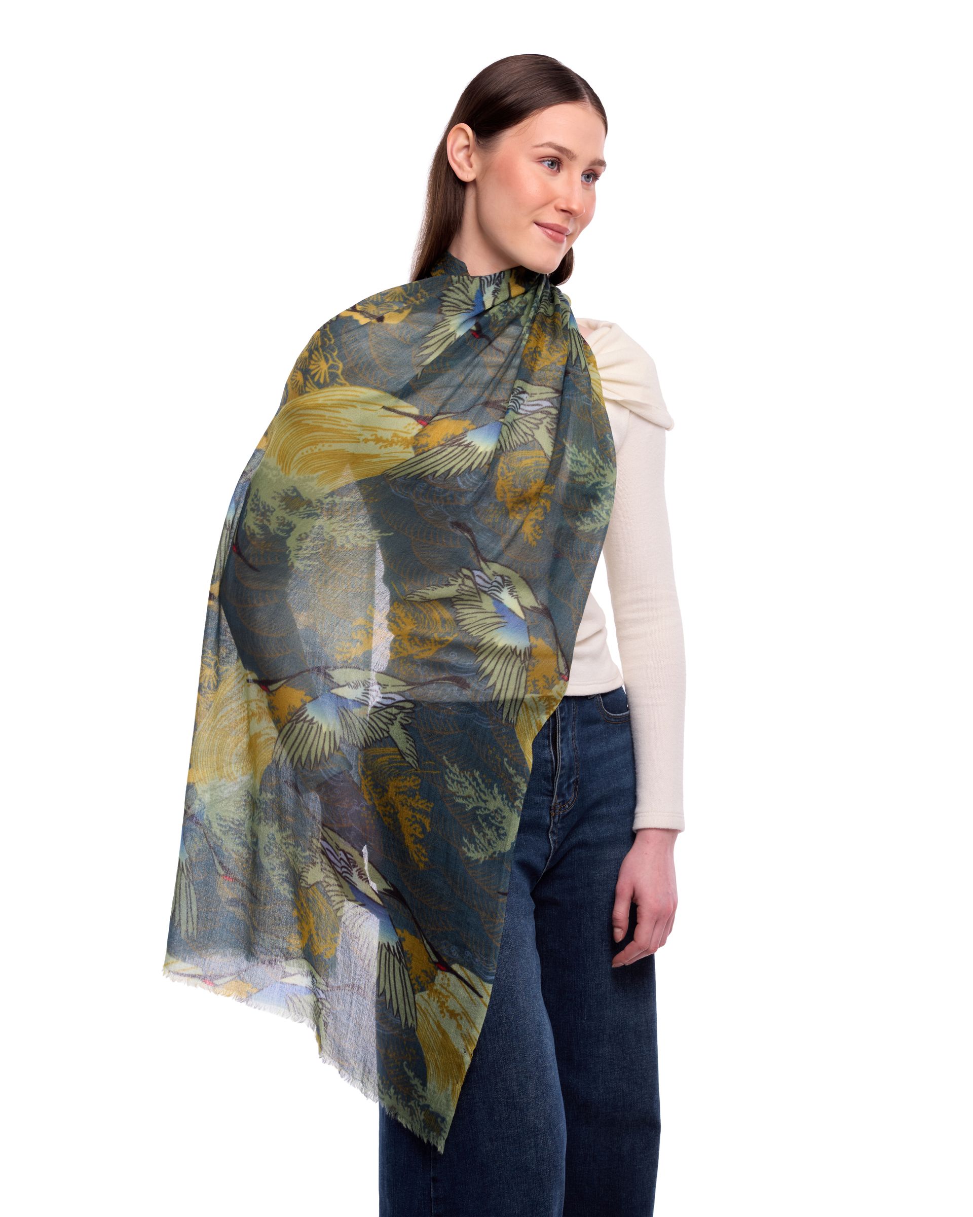 Orika Foliage & Birds Print Wool Silk Scarf