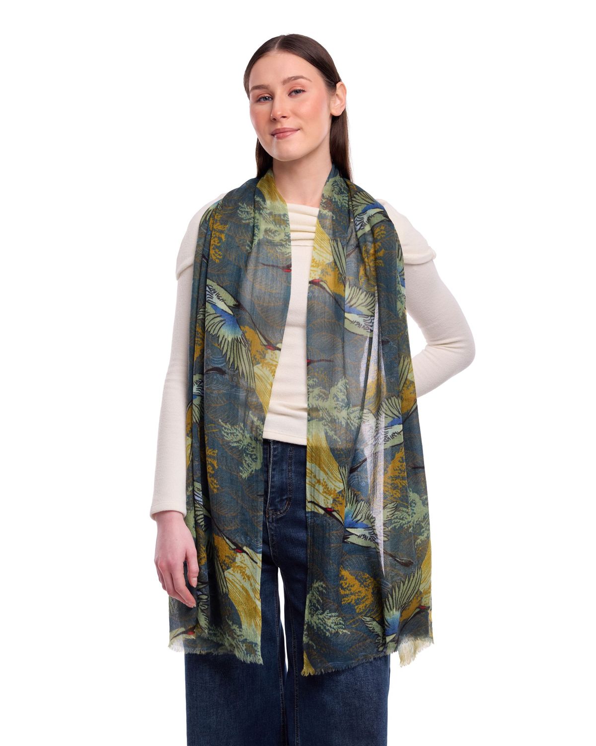 Orika Foliage & Birds Print Wool Silk Scarf