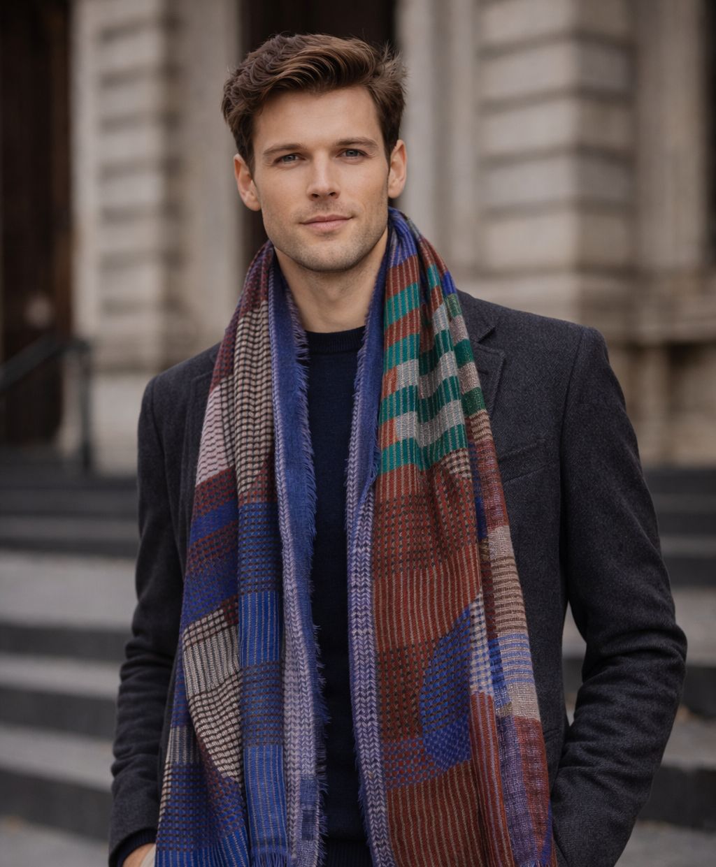 ORBIT Circles & Checks Design Merino Wool Scarf