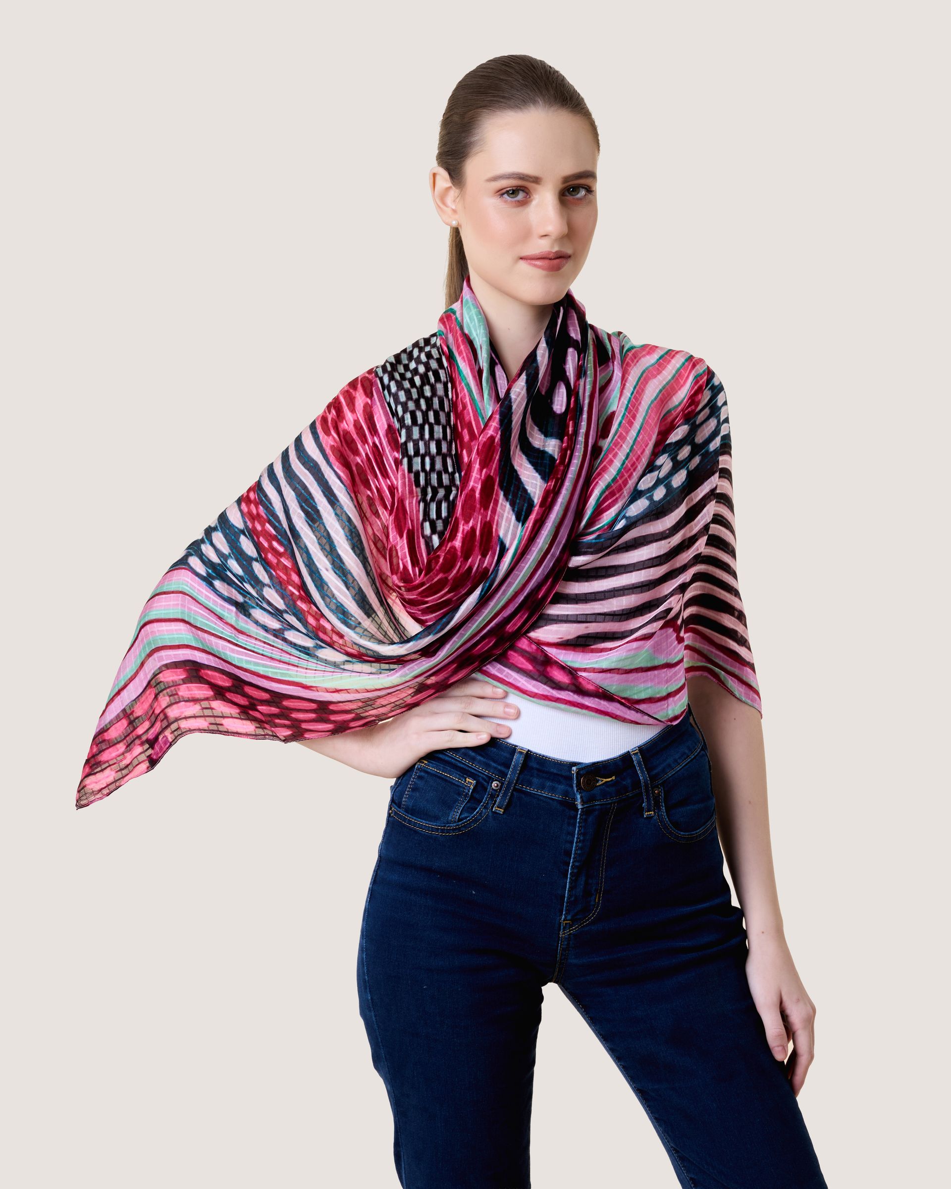 Nora Abstract Stripes Print Pure Silk Scarf