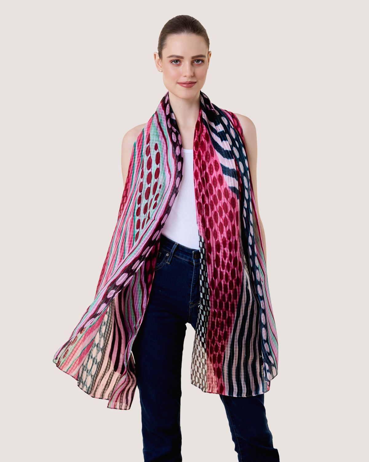 Nora Abstract Stripes Print Pure Silk Scarf