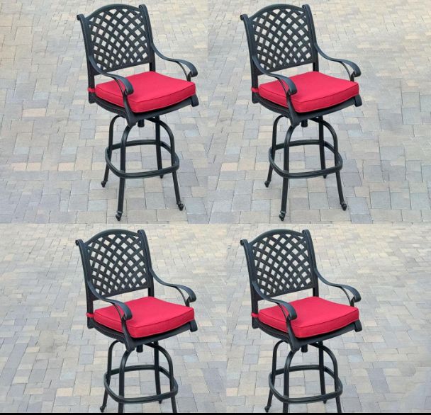 Nassau Cast Aluminum 4 Pc Set Swivel Bar Stool Set in Antique Bronze/Red by Darlee Nassau Cast Aluminum 4 Pc Set Swivel Bar Stool Set in Antique Bronze/Red by Darlee