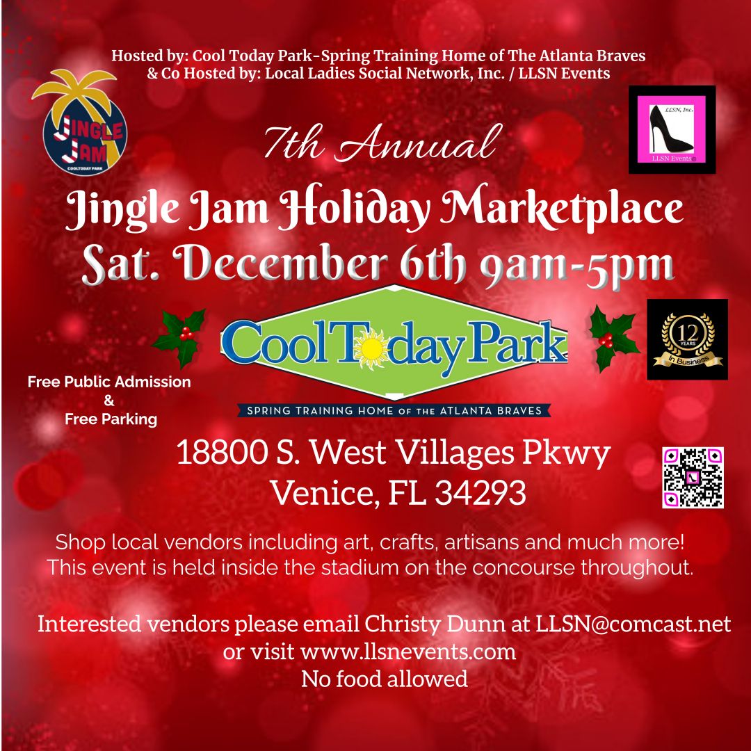 6th Annual Jingle Jam Holiday Marketplace in Venice- Sat. Dec 6th. 9AM-5PM. Please read details before purchasing. NO FOOD VENDORS FOR THIS EVENT AND SET UP IS THE DAY BEFORE.