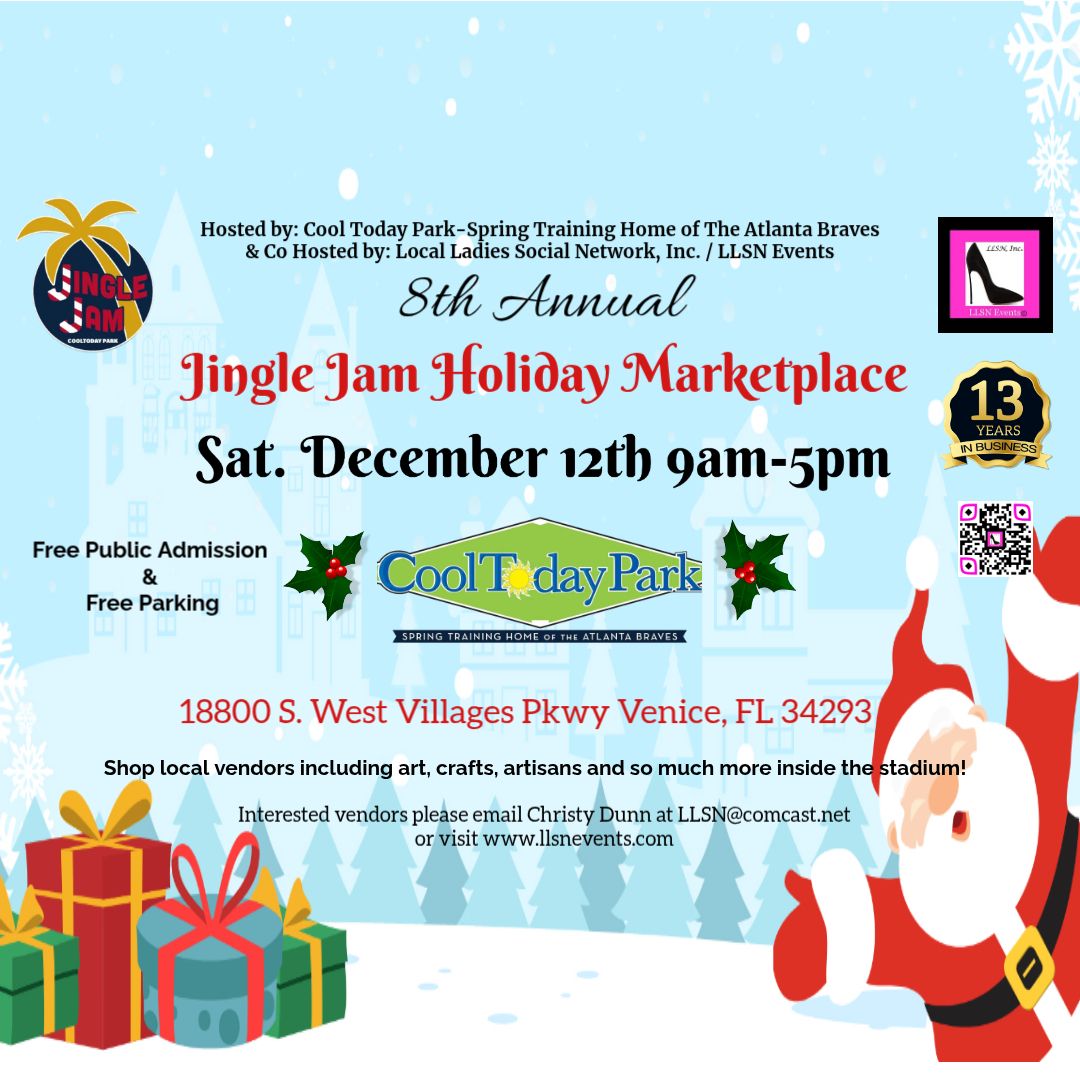 8th Annual Jingle Jam Holiday Marketplace in Venice- Sat. Dec 12th. 9AM-5PM. Please read details before purchasing. NO FOOD/Beverage VENDORS FOR THIS EVENT AND SET UP IS THE DAY BEFORE.