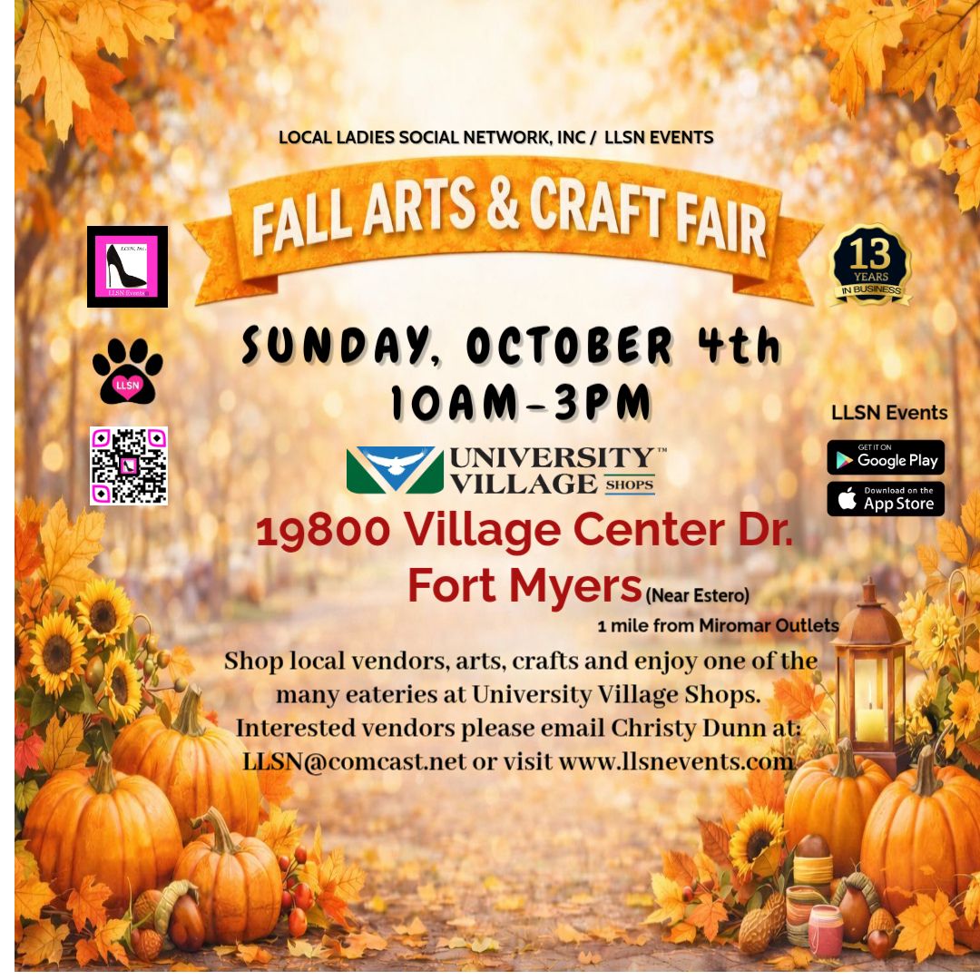 Fall Arts &amp; Crafts Fair in Fort Myers (near Estero)-SUNDAY, October 4th University Village Shops NO BAKED GOODS PER venue management