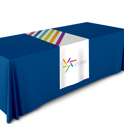 Polyester table runner with full-color print for tradeshows and events.