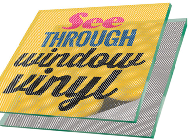 Perforated window graphic with adhesive and optional clear laminate.