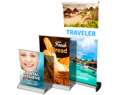 Compact tabletop banner display with printed 10mil indoor sheet.