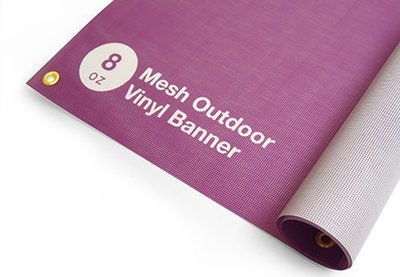 Mesh outdoor banner with wind-resistant 8oz material for fences and events.