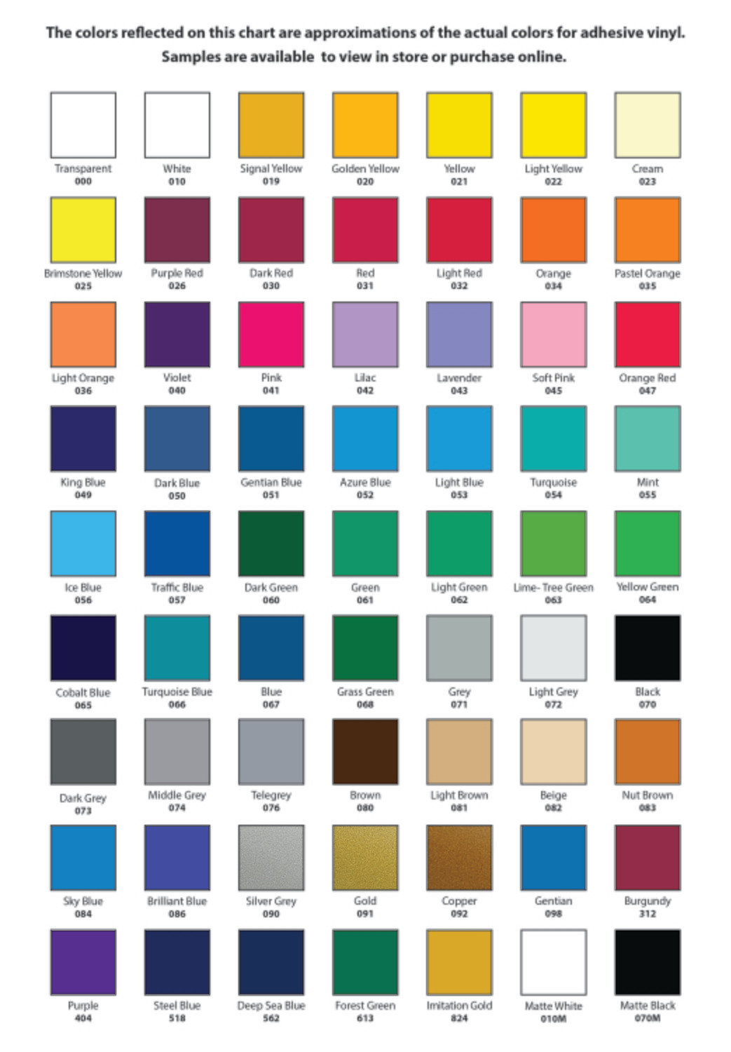 Custom vinyl color chart for adhesive decal transfer options