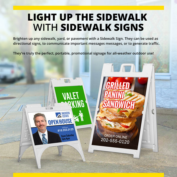 Sidewalk stand with printed corrugated sign for curbside messaging.