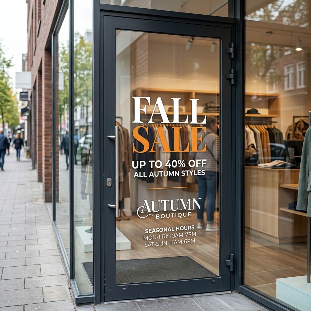Custom clear window graphic for glass doors, storefronts and POP signs