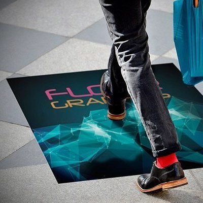 Flexible 4mil adhesive vinyl floor graphic for smooth indoor floors.