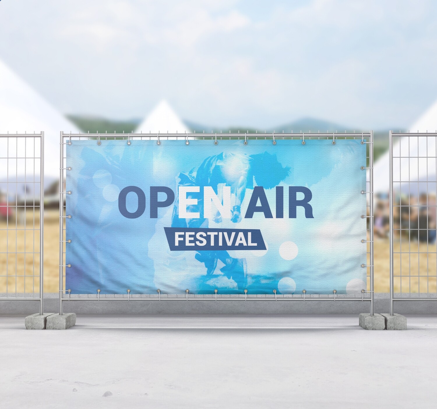 Outdoor scrim banner displayed on a fence for durable business advertising