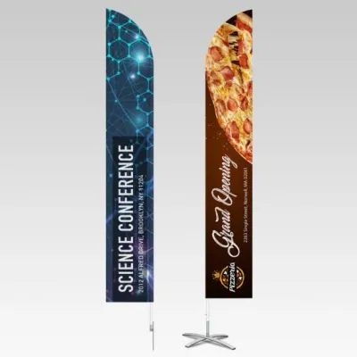 Feather-style polyester flag for outdoor branding and wind visibility.