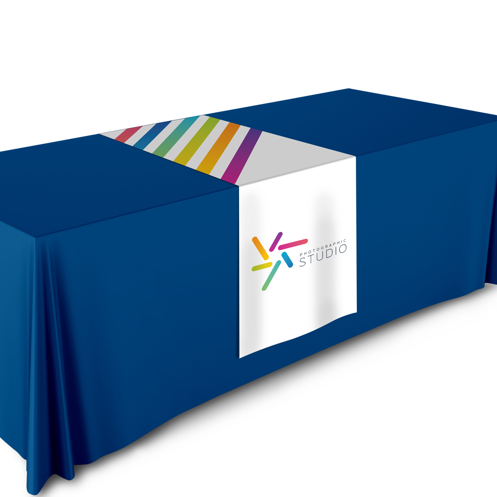 Polyester table runner with full-color print for tradeshows and events.