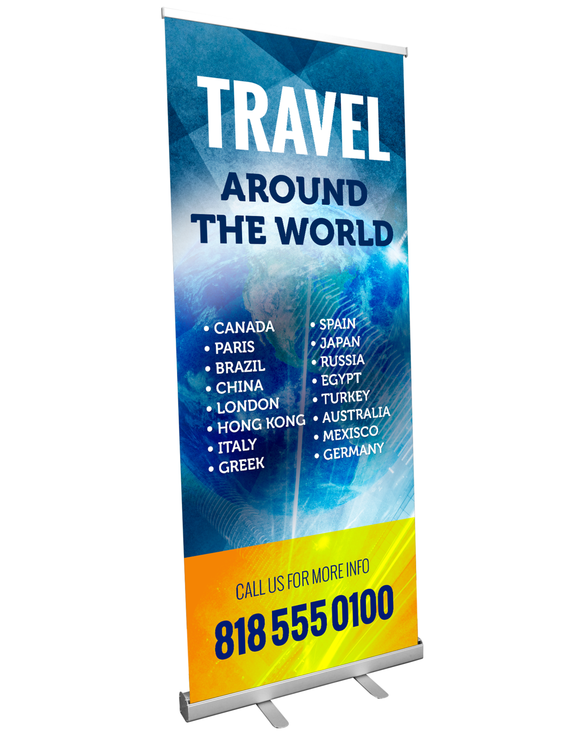 Standard retractable stand with 33"x80" indoor banner.