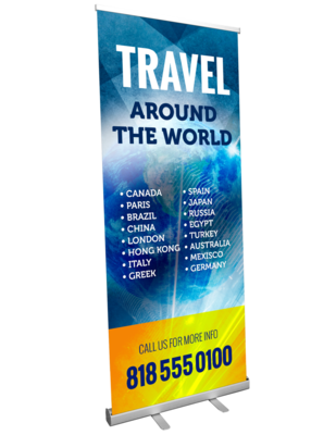 Standard retractable stand with 33"x80" indoor banner.