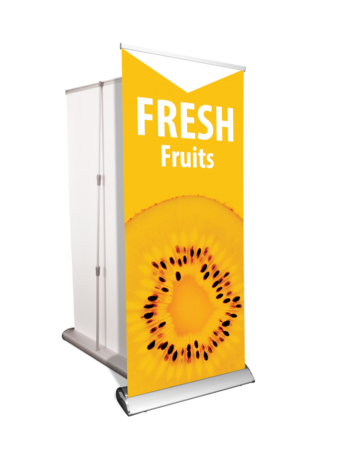 Deluxe retractable aluminum stand with printed 33"x80" banner.