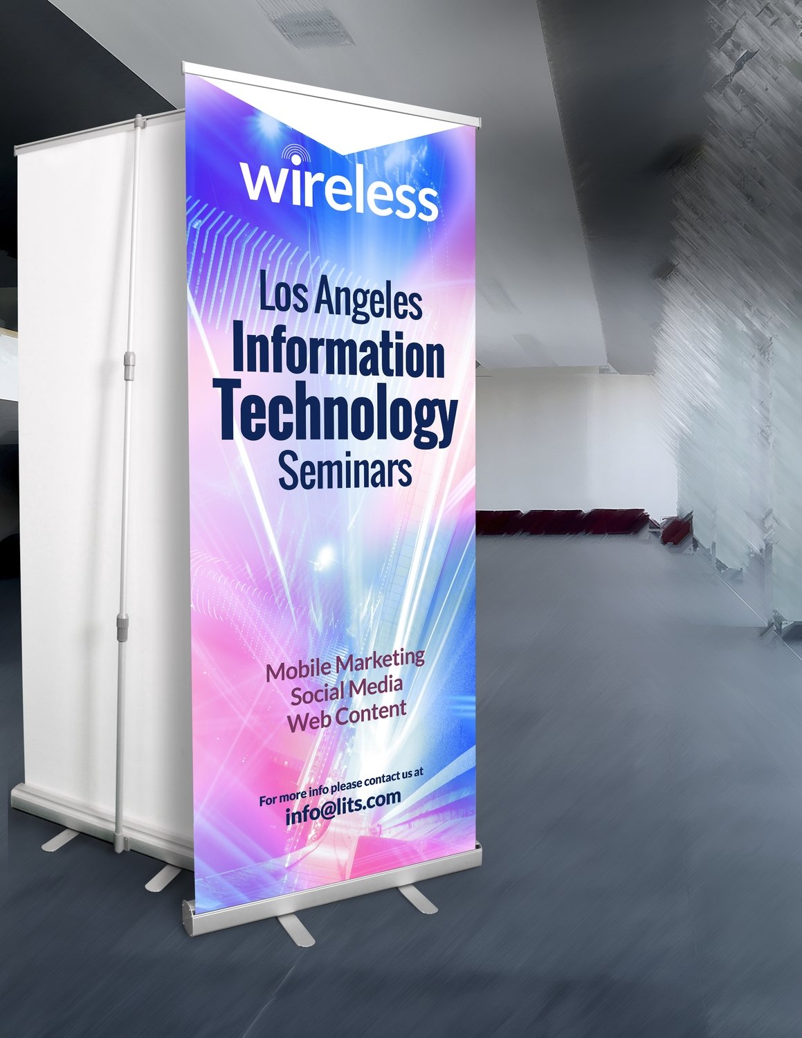 Retractable aluminum stand with larger 47"x80" indoor banner.